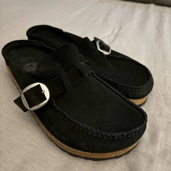 Birkenstock Shoes - Birkenstock Black Suede Loafers with Metallic Buckle